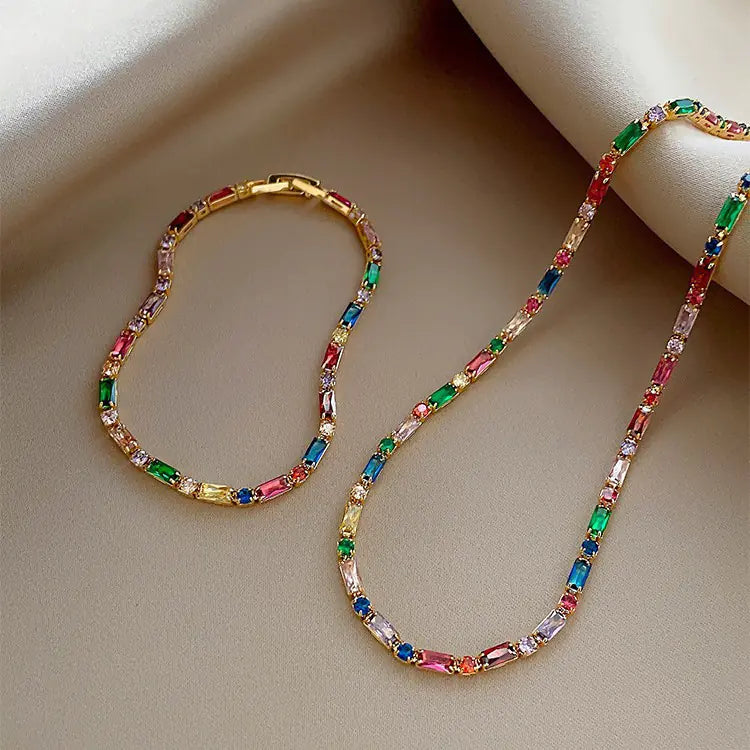 Multi-color Zircon Gold Necklace & Bracelet