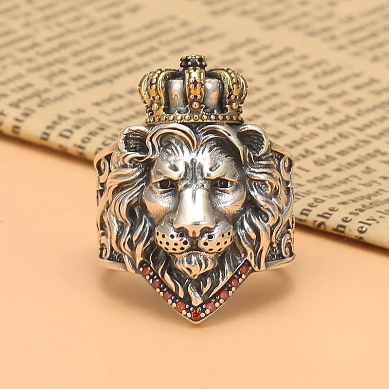 Vintage Lion King Sterling Silver Cross Ring for Men