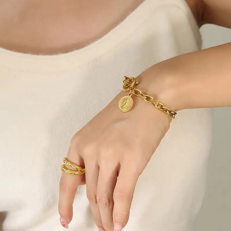 Gold Plated Titanium Steel Queen Portrait Bracelet