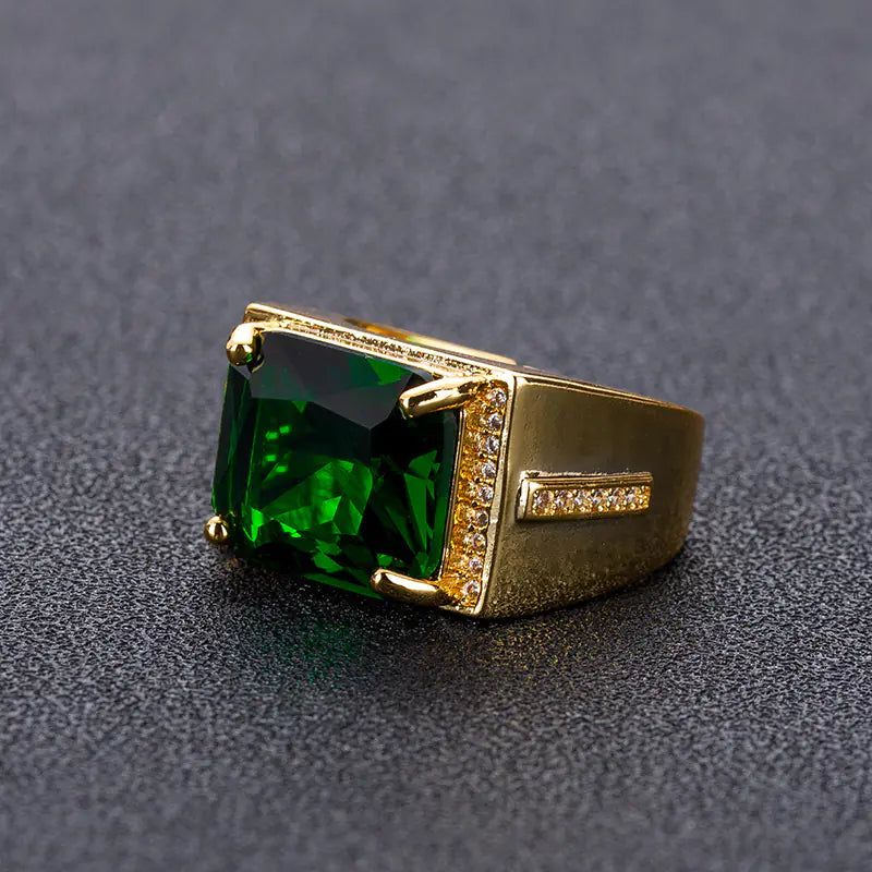 Vintage Green Emerald Square Ring for Men (Gold Plated)