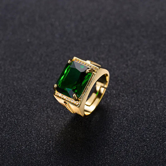 Vintage Green Emerald Square Ring for Men (Gold Plated)