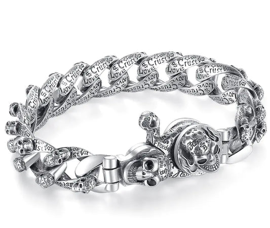 Trendy Vintage Skull Bracelet in Sterling Silver for Men