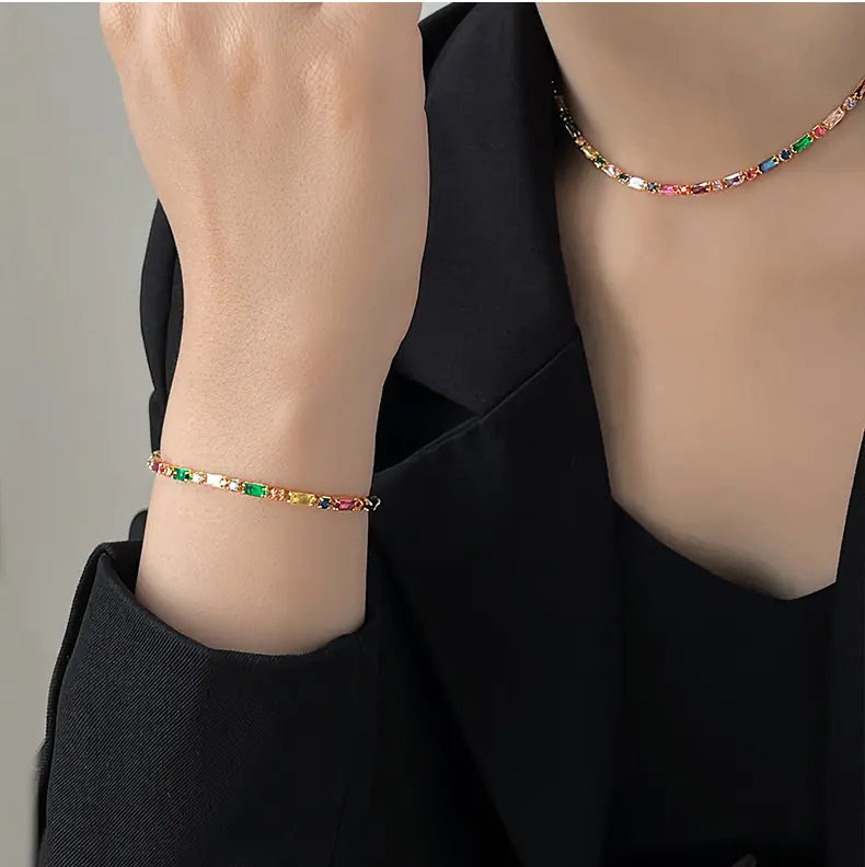 Multi-color Zircon Gold Necklace & Bracelet