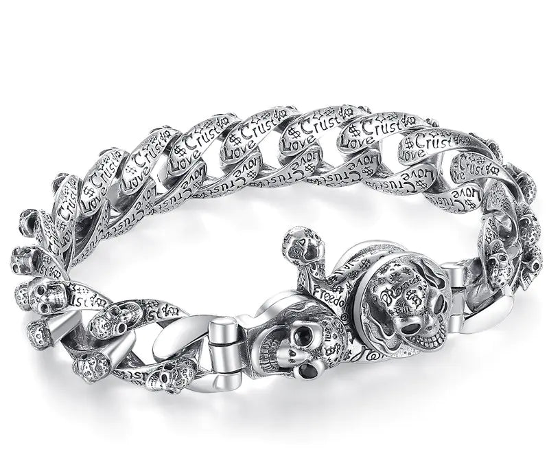 Trendy Vintage Skull Bracelet in Sterling Silver for Men