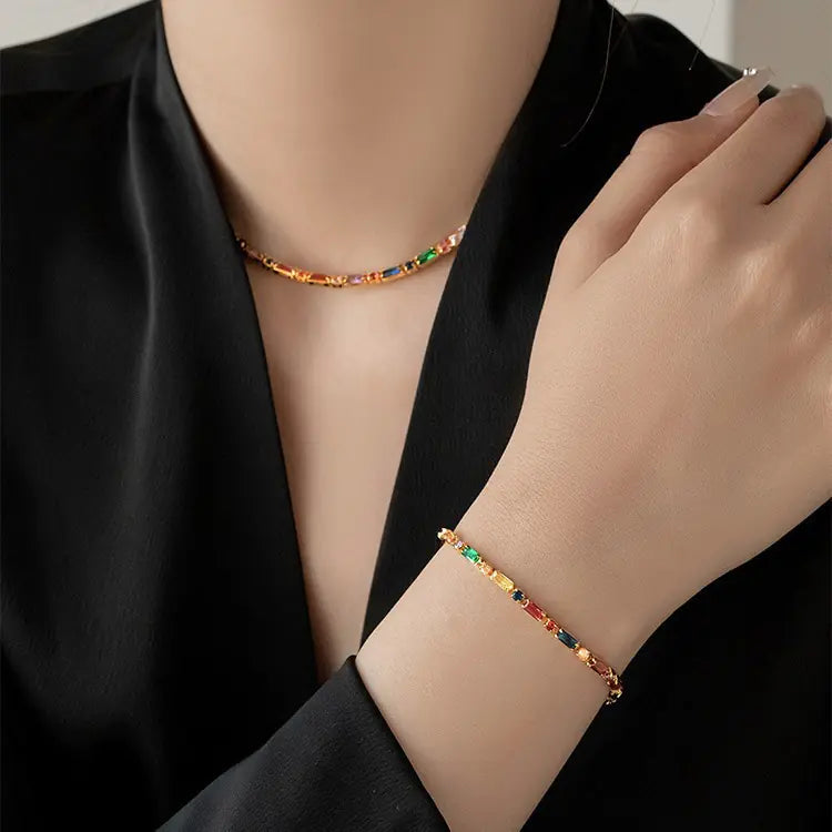 Multi-color Zircon Gold Necklace & Bracelet