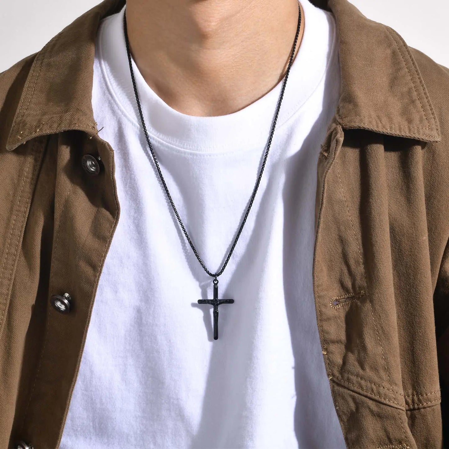 Titanium Steel Cross Necklace in Black & Gold for Men